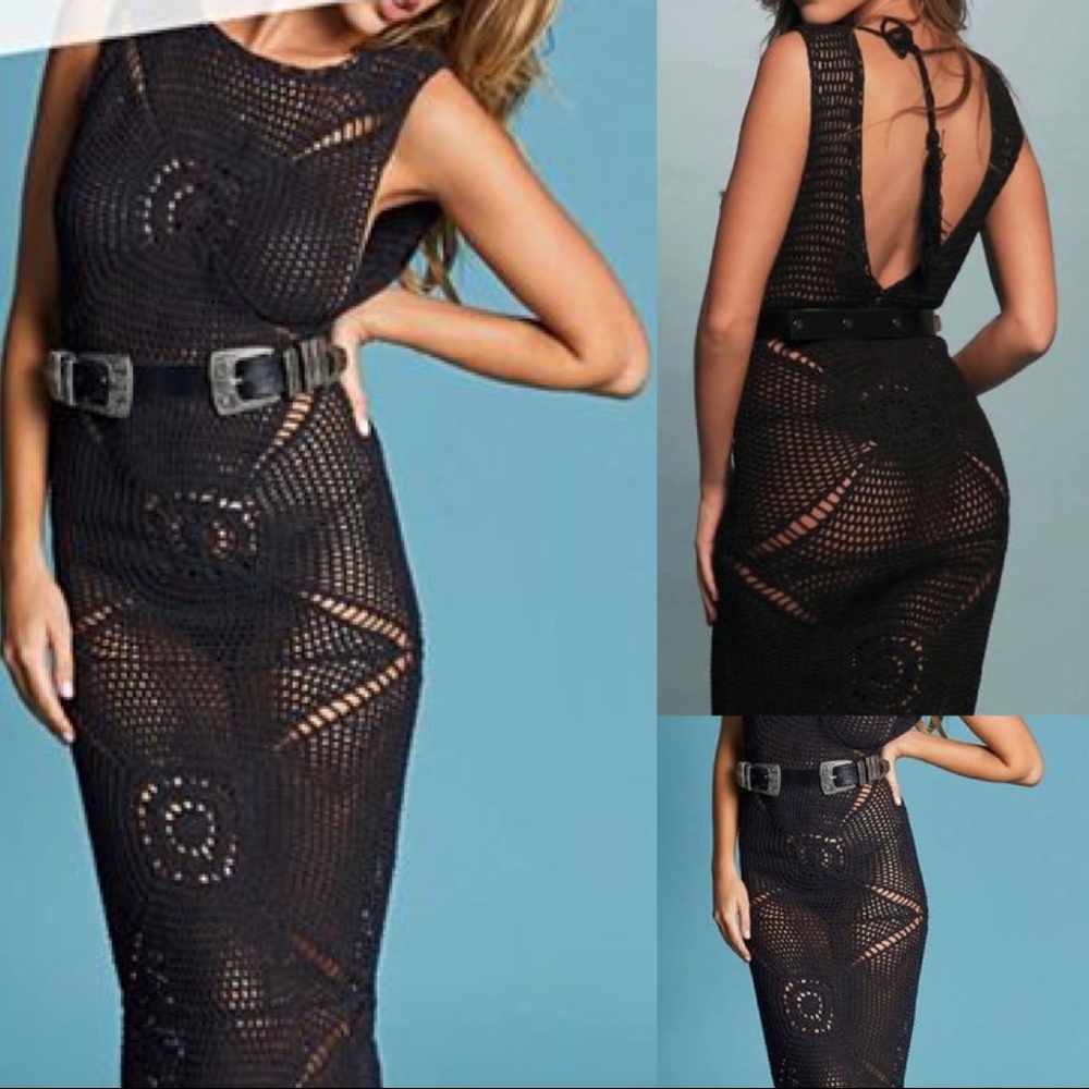 Frankie's Bikinis Black Crochet Midi Coverup Dress